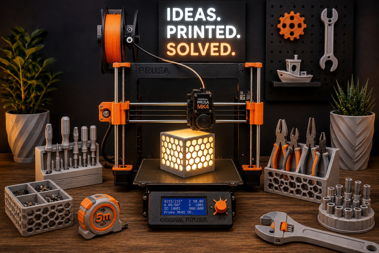 A 3D printer in the Axiom NE workshop surrounded by tools and printed parts